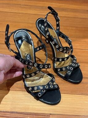 Tom Ford Black Silver-Accented Studded Strappy Heels